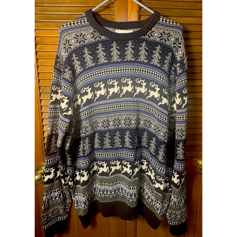 Aspen Men's‎ XL Winter Sweater Reindeer Trees Snowflake Knit Crewneck Christmas